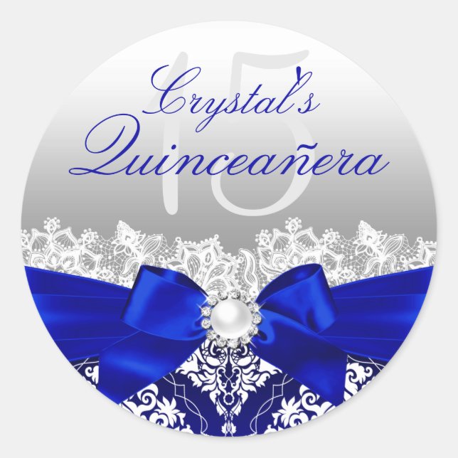 Sticker Royal Blue Damask & Pearl Bow Quinceanera (Devant)