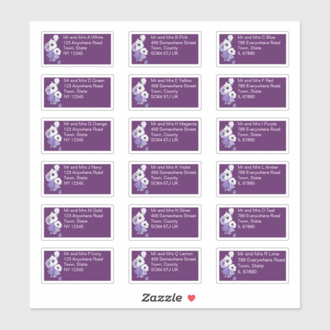 Sticker Royal Purple Floral Mariage individuel Adresse (Feuille)