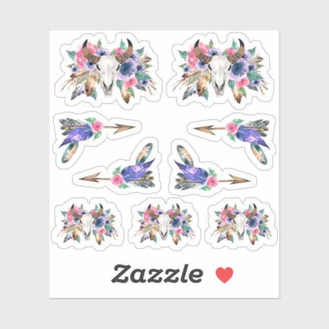 Sticker Russe Floral Vache Crâne Aquarelle Boho Flèches (Feuille)
