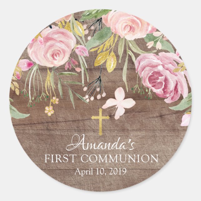 Sticker Rustique Rose Floral First Holy Communion (Devant)
