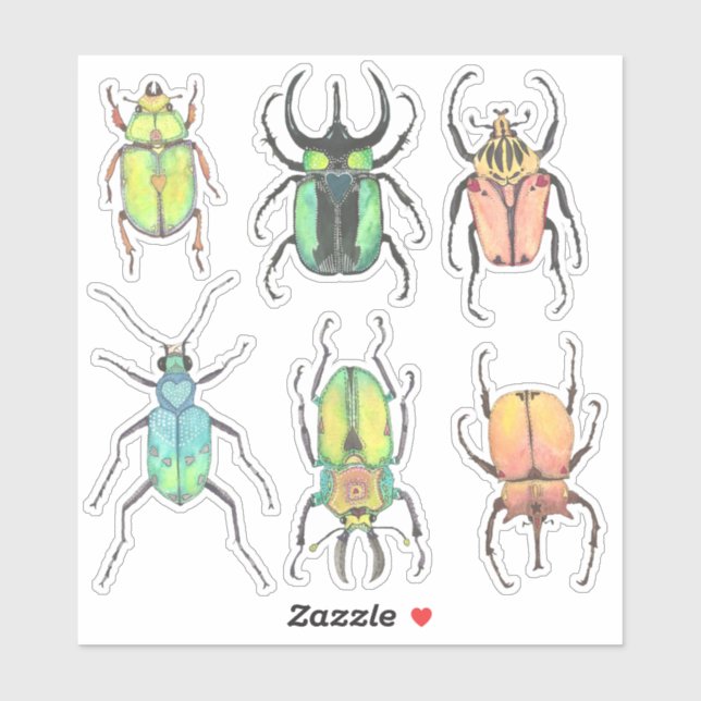 Sticker Saint Valentin Amour Bugs Aquarelle Beetles (Feuille)