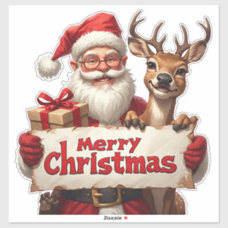 Sticker Santa Claus And Happy Reindeer
