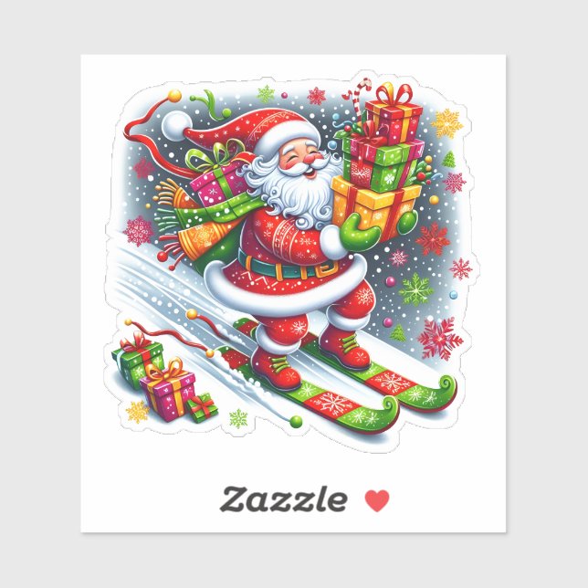 Sticker Santa Skiing in a Gift-Filled Wonderland (Feuille)