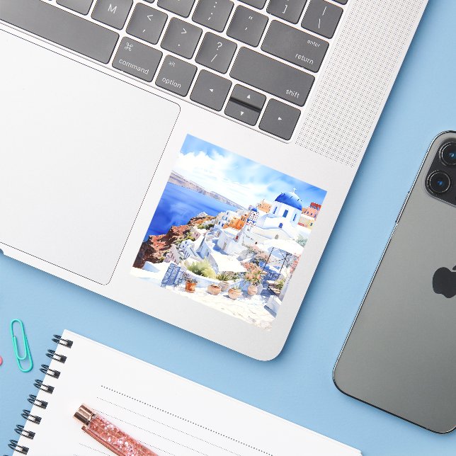 Sticker Santorin (Ordinateur portable avec iPhone)