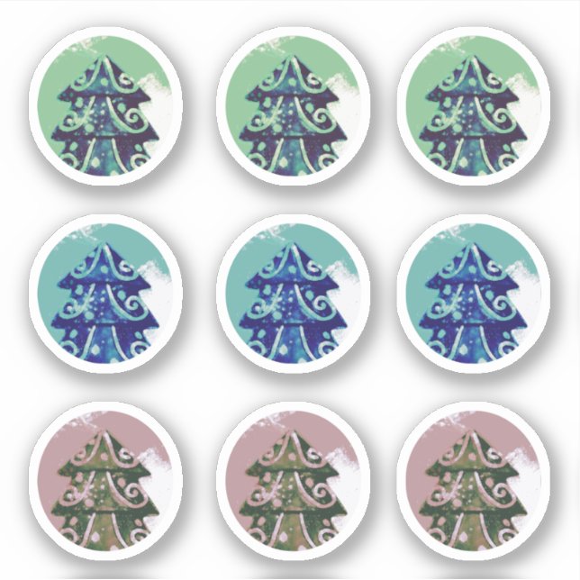 Sticker Sapin de Noël décoré de vert bleu festif (Devant)
