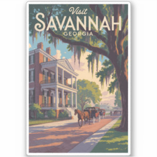 Sticker Savannah Georgia Horse Carriage Illustration Retro