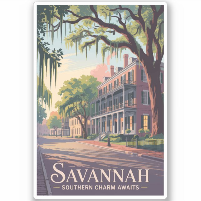 Sticker Savannah Géorgie Illustration Voyage Art Vintage (Devant)