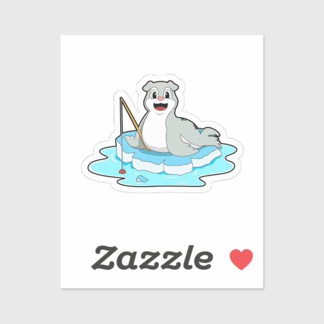 Sticker Sceau à la pêche avec canne à pêche (Feuille)