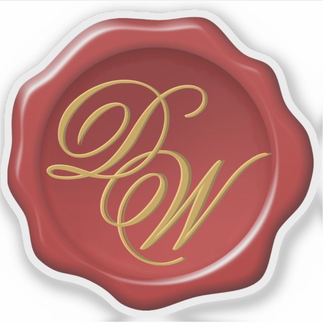 Sticker Sceau de cire rouge Monogramme jaune doré Script (Devant)