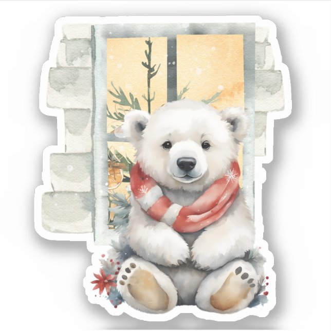 Sticker Scène de Noël cosy Ours Polaire Rouge Écharpe (Devant)
