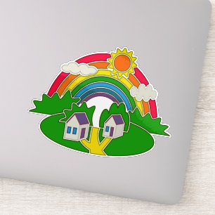 Sticker Scène rurale avec arc-en-ciel et maison de campagn