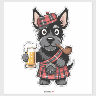 Sticker Scottish Terrier in Tartan Kilt with Beer and Pipe