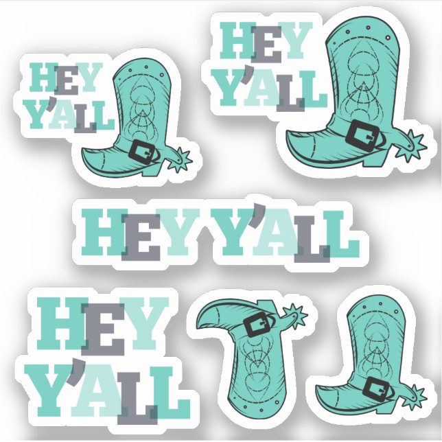 Sticker Set de 6 Hey Y'All - Texas Boots Custom-Cut (Devant)