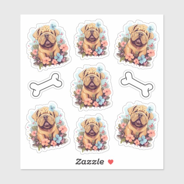 Sticker Shar Pei rencontre des fleurs (Feuille)