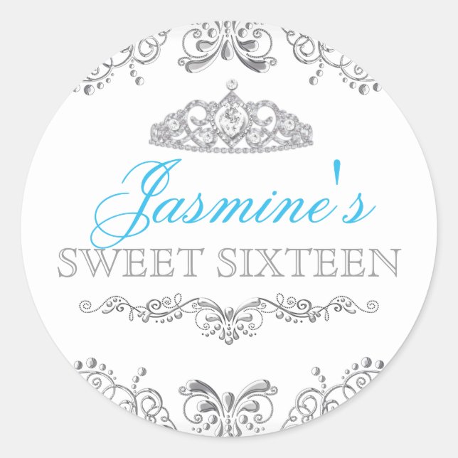 Sticker Silver White Damask & Tiara Sweet 16 (Devant)