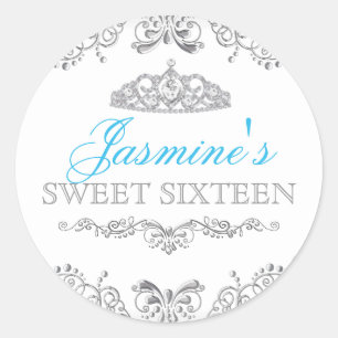 Sticker Silver White Damask & Tiara Sweet 16