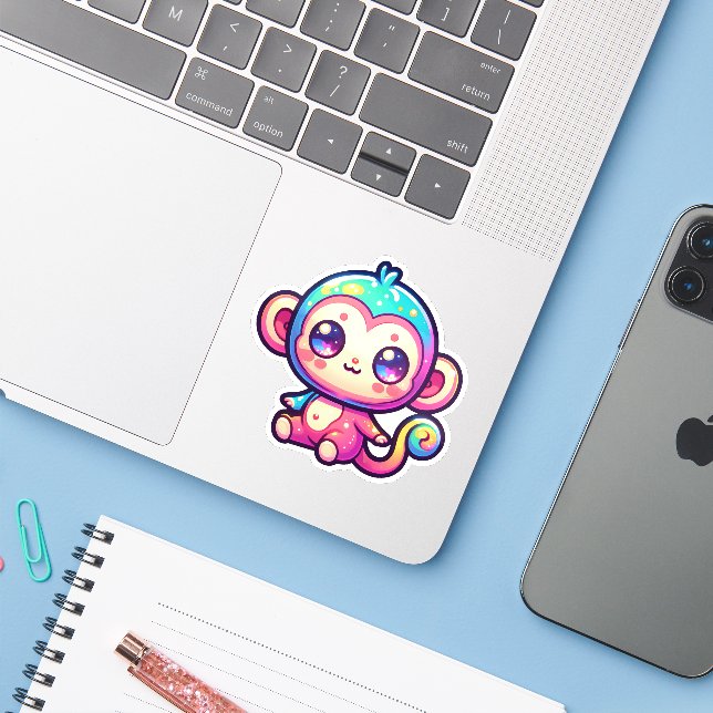 Sticker Singe Kawaii coloré aux yeux pétillants (Ordinateur portable avec iPhone)