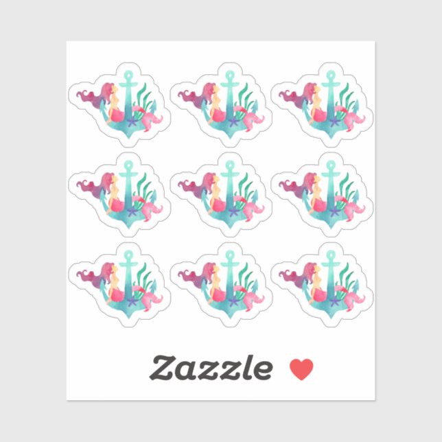 Sticker Sirène sur Ancre Nautique Aquarelle Beach Girl (Feuille)