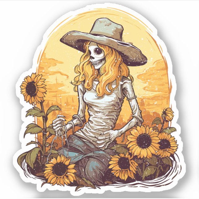 Sticker Skeleton et tournesols Western Cowgirl en état de  (Devant)