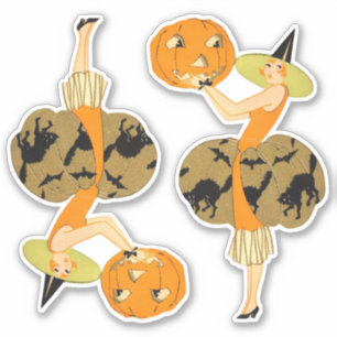 Sticker Sorcière Art Déco vintage et Halloween Citrouille