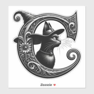 Sticker Sorcière Chat Noir Lettre C Initiale Personnalisée