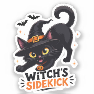 Sticker Sorcière Mignonne et son Chat Noir Compagnon Hallo