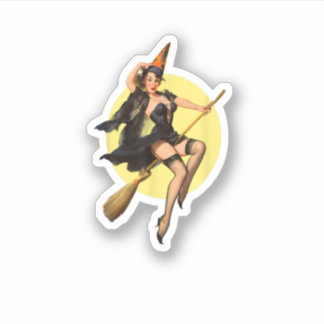 Sticker Sorcière vintage Pinup Sur Sorcières Broom Hallowe
