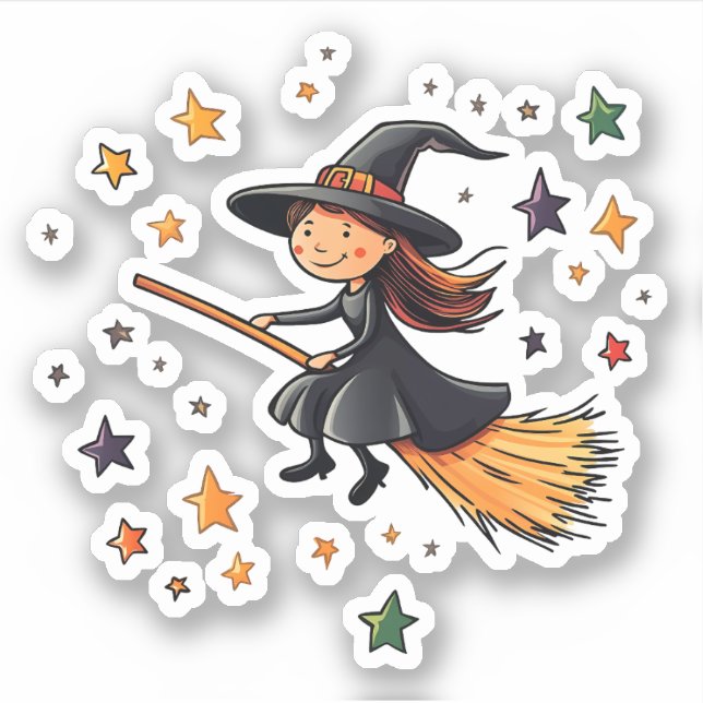 Sticker Sorcière volante mignonne avec étoiles (Devant)