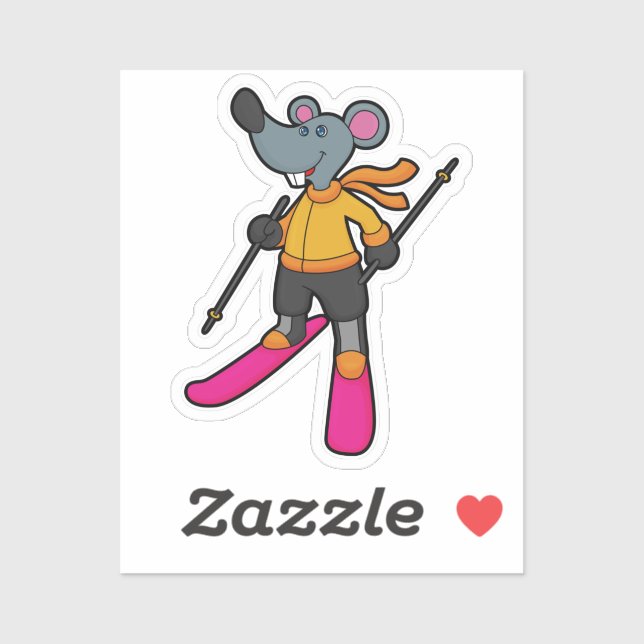 Sticker Souris comme skieur avec ski (Feuille)