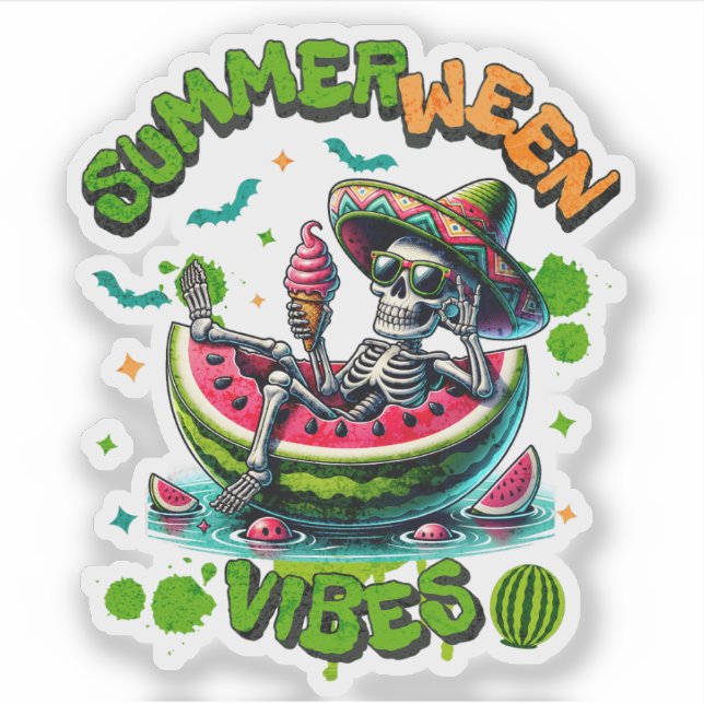 Sticker Spooky Summerween Skeleton Watermelon Float Funny (Devant)