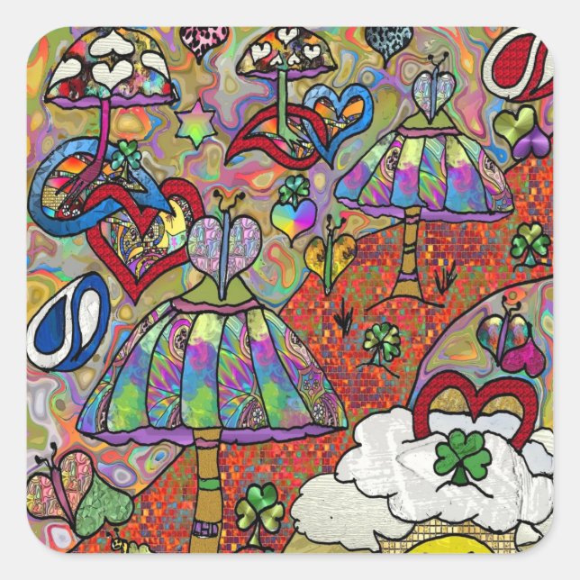 Sticker Sqr Psychedelic Mushroom Retro 60s (Devant)