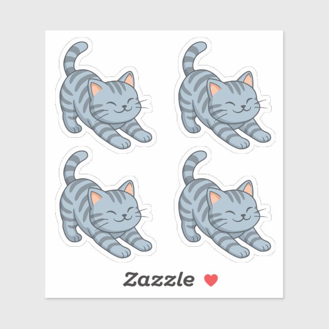 Sticker Stretching Grey Tabby Cat Set of 4 (Feuille)