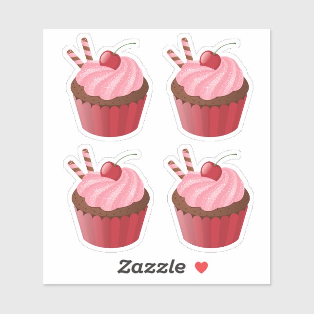 Sticker Sucré Délicieux cerise Cupcake ensemble de 4 (Feuille)