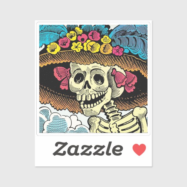 Sticker Sugar Skull Lady in Floral Sun Hat Pop Art Graphic (Feuille)