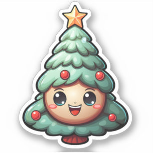 Sticker Super mignon arbre de Noël vert souriant
