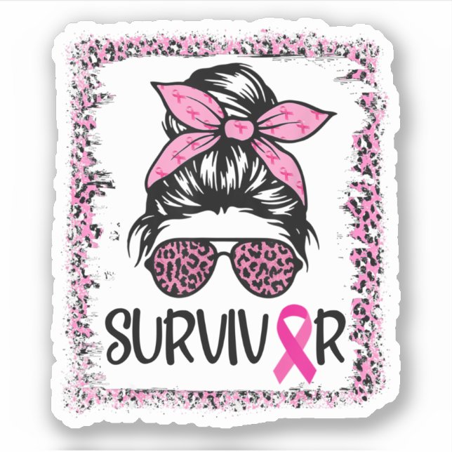 Sticker Survivor Guerrier Messy Bun Cheveux Rose cancer du (Devant)