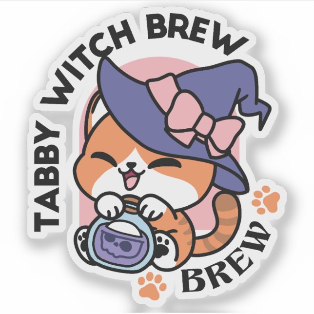 Sticker Tabby Witch Brew – Cute Halloween Cat Design (Devant)