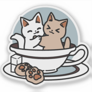 Sticker Tea Time Meow Time - Cute Cat and Tea Design