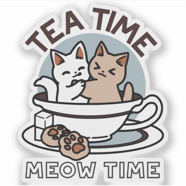 Sticker Tea Time Meow Time - Cute Cat and Tea Design (Devant)