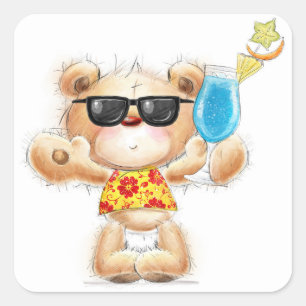 Sticker Teddy Bear avec Cocktail et Lunettes de so