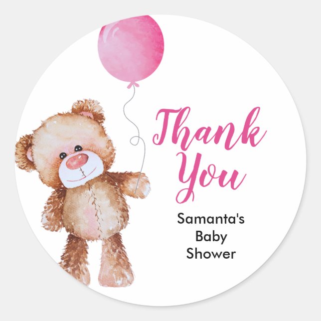 Sticker Teddy Bear Girl Baby shower Classic Round (Devant)