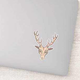 Sticker Tête de cerf brun surréaliste avec bois et visage 