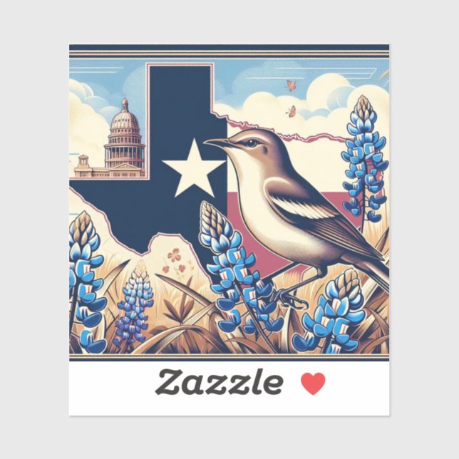Sticker Texas Northern Mockingbird et Bluebonnet Flower (Feuille)