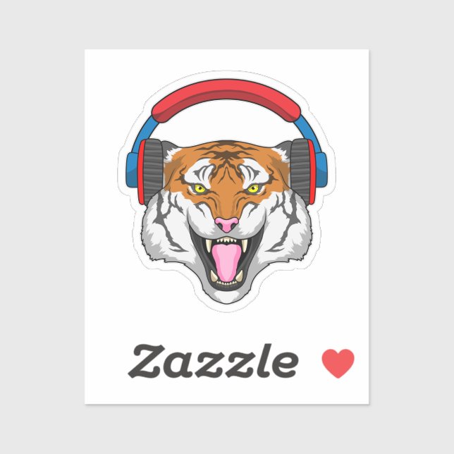 Sticker Tiger en musique avec casque (Feuille)