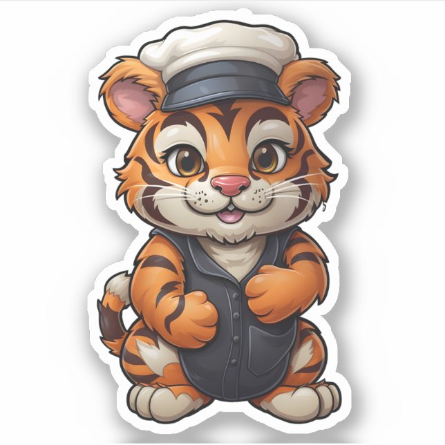 Sticker Tigre adorable portant Casquette blanc Tigre anima (Devant)