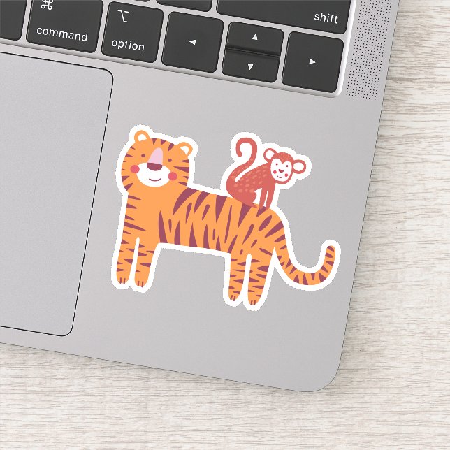 Sticker Tigre mignon avec singe sur l'ordinateur portable  (Détail)