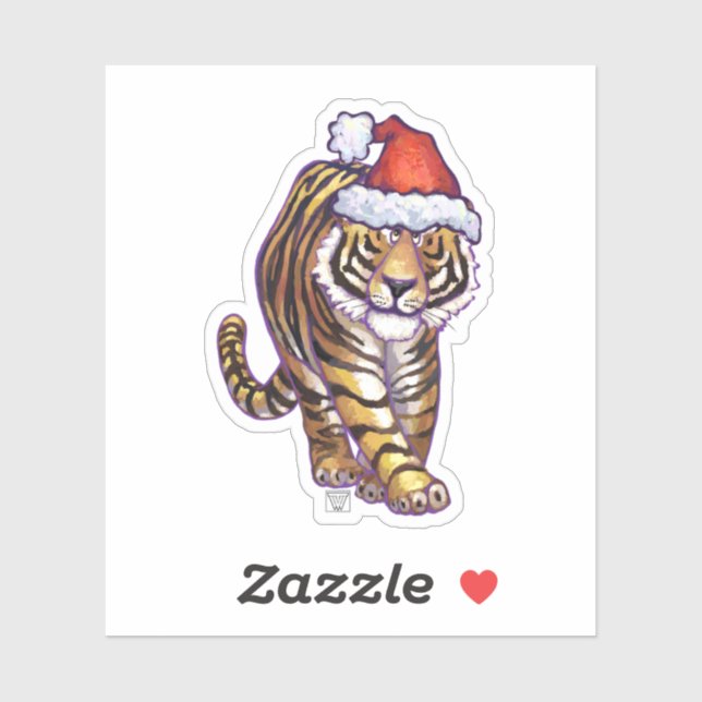 Sticker Tigre mignon dans un chapeau de Père Noël (Feuille)