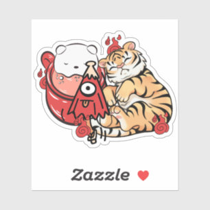 Sticker Tigre mignon endormi et esprit Kasa-obake