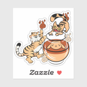 Sticker Tigre mignon et chien en pot de thé Nekomata