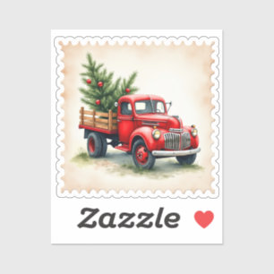 Sticker Timbre de Noël vintage Camion Rouge